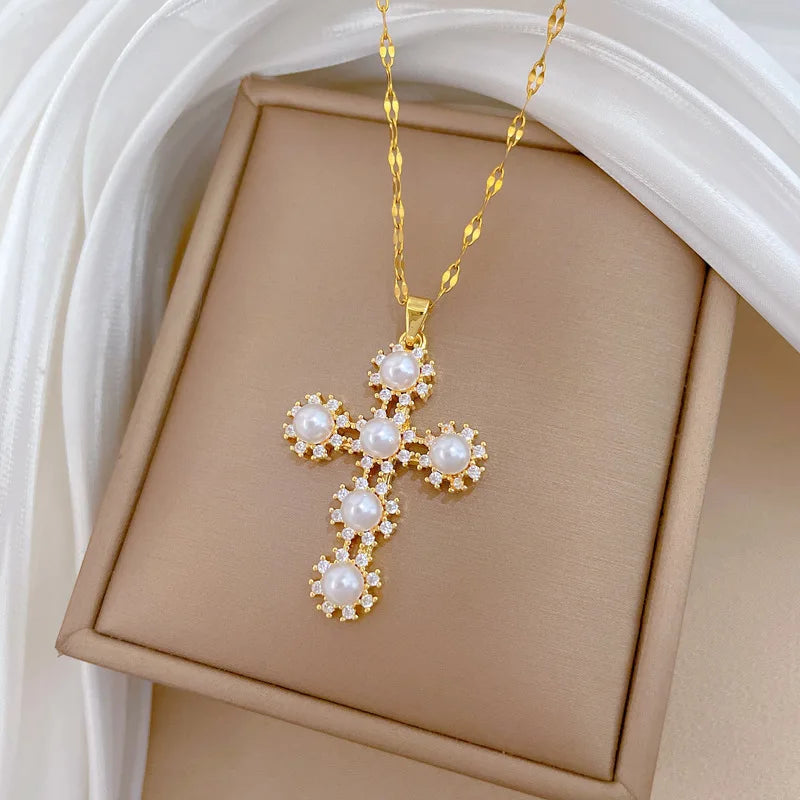 Women's Gold Cross Pendant Necklace – Zircon & Stainless Steel Pendant Necklace Nixie