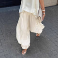 Women's Bubble Pleated Balloon Pants – Elastic High Waist Wide Leg Wide Leg Pants Nixie Beige- M