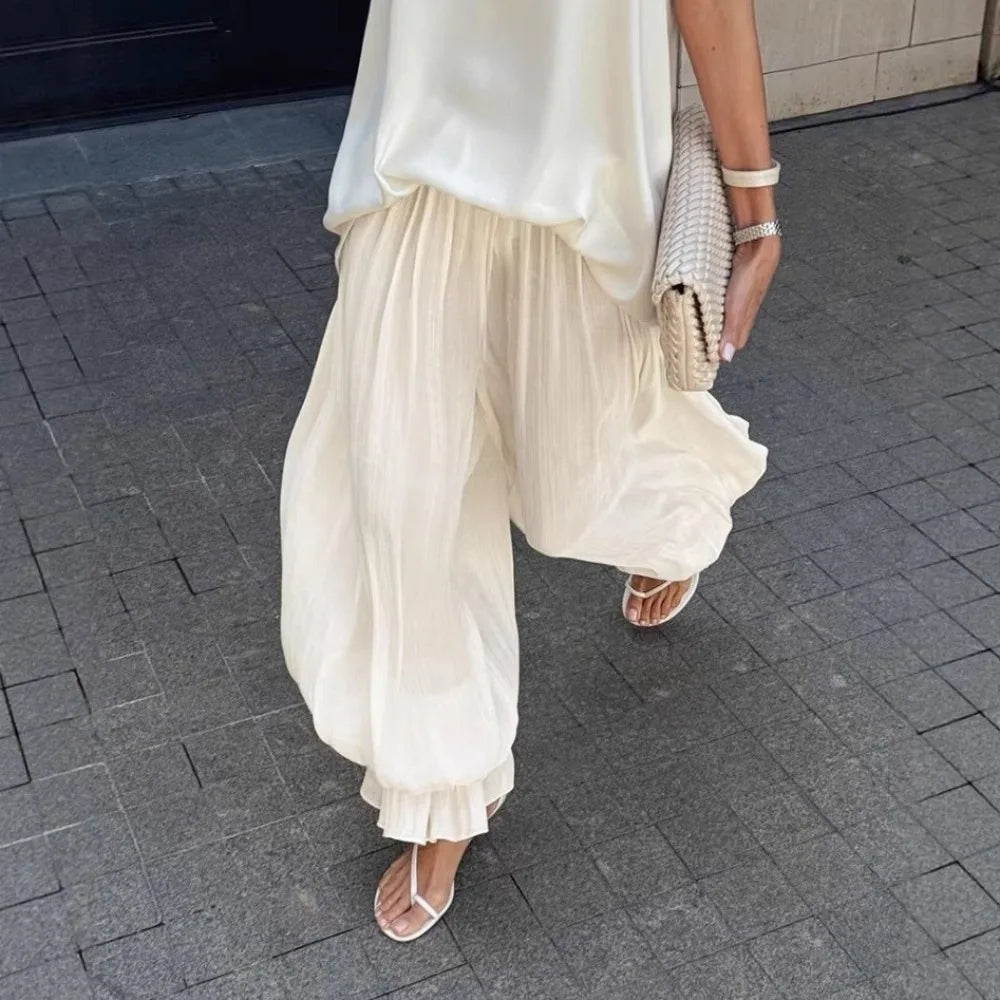 Women's Bubble Pleated Balloon Pants – Elastic High Waist Wide Leg Wide Leg Pants Nixie Beige- M