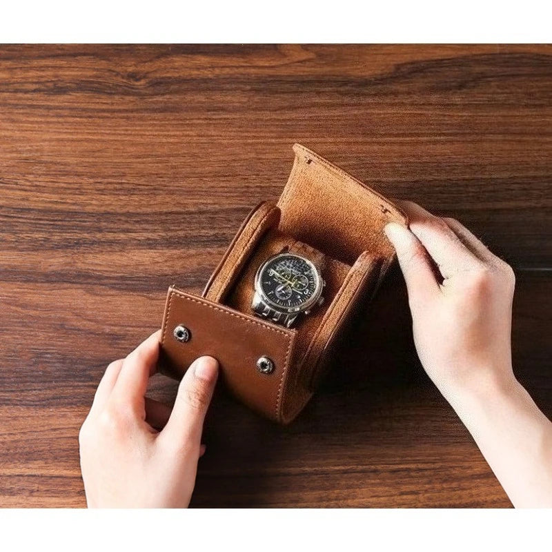 Brown Leather Watch Roll Travel Case – 1 Slot | Nixie Watch Roll Case Nixie