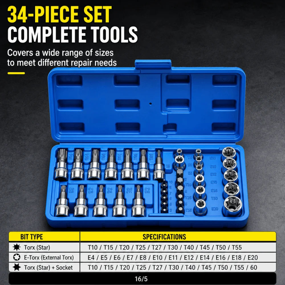 34-Piece 3/8" E-Torx Star Bit Socket Set – Hard Alloy Kit