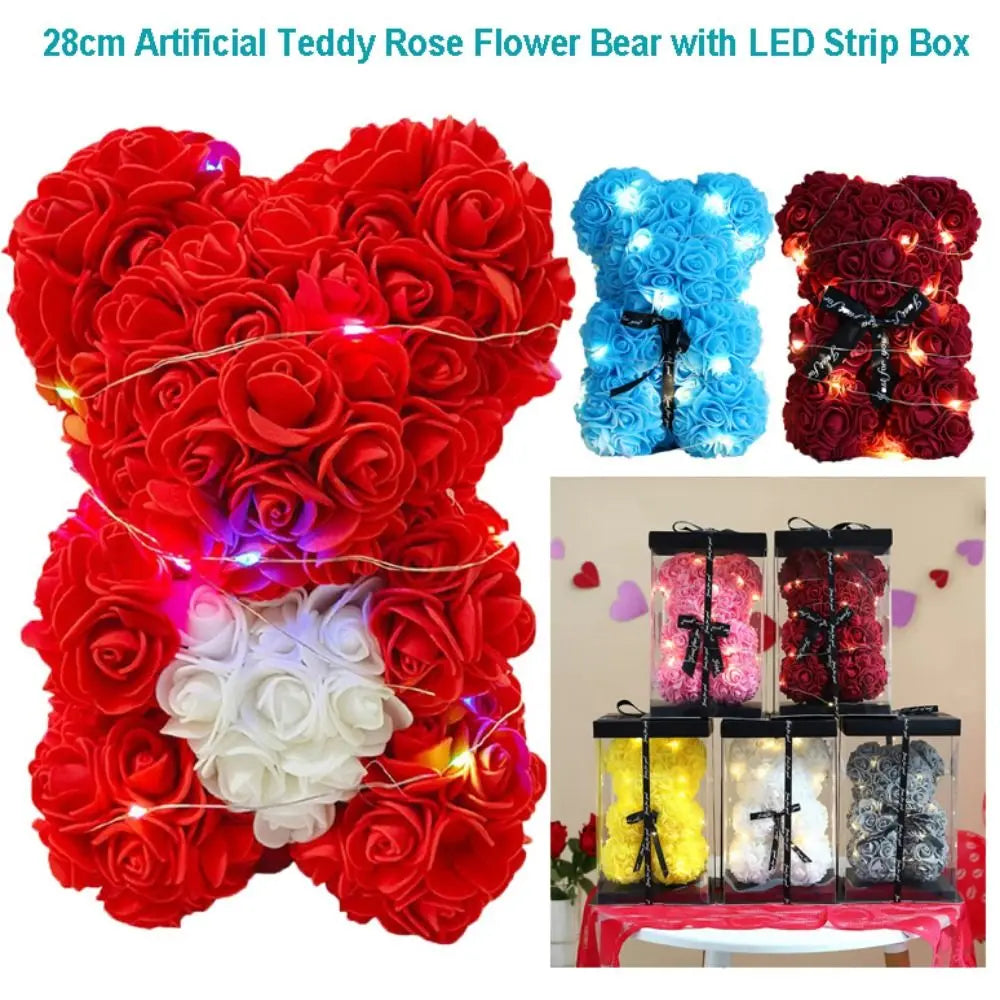 28cm Artificial Rose Teddy Bear with LED Strip | Multicolor Gift