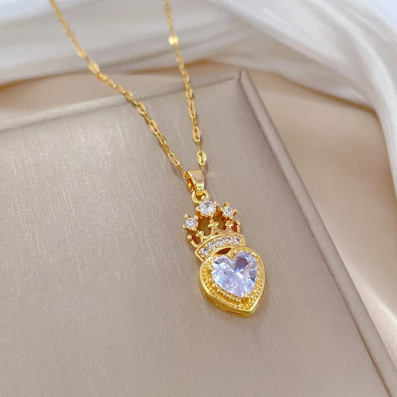 Diamond Crown Heart Pendant Necklace | Gold Stainless Steel Choker Pendant Necklace Nixie XL2606-114