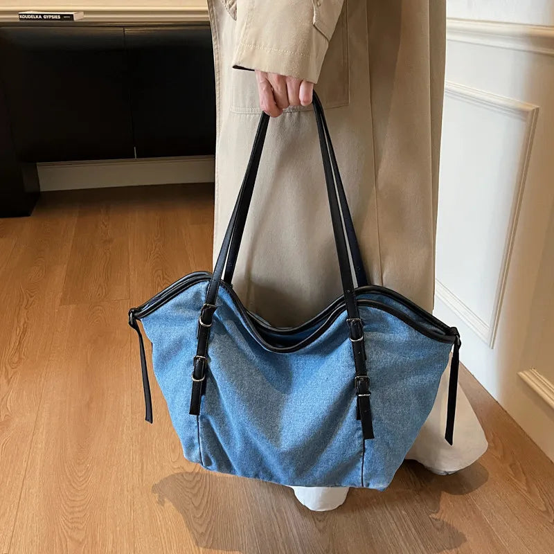 Nixie Denim Tote Bag – Large Women's Shoulder Bag for Work Denim Tote Bag Nixie