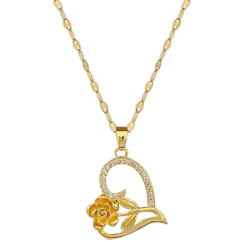 Rose Heart Pendant Necklace – Gold Stainless Steel Choker Pendant Necklace Nixie