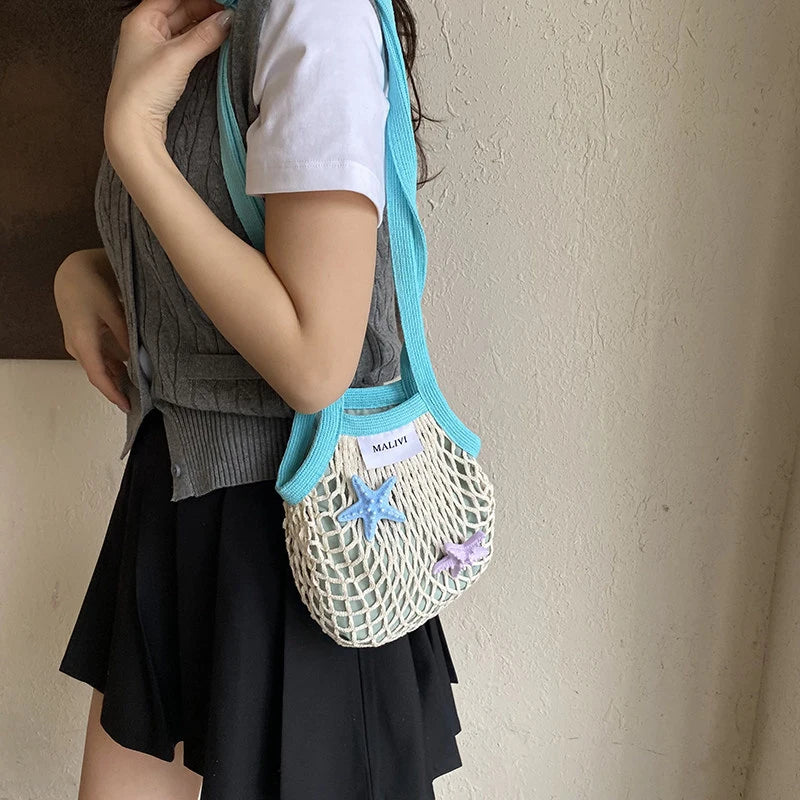 Women's Hollow Woven Mesh Bucket Bag – Large Crossbody Woven Mesh Handbag Nixie