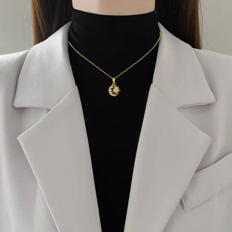 Moon Star Starburst Gold Copper Pendant Necklace for Women