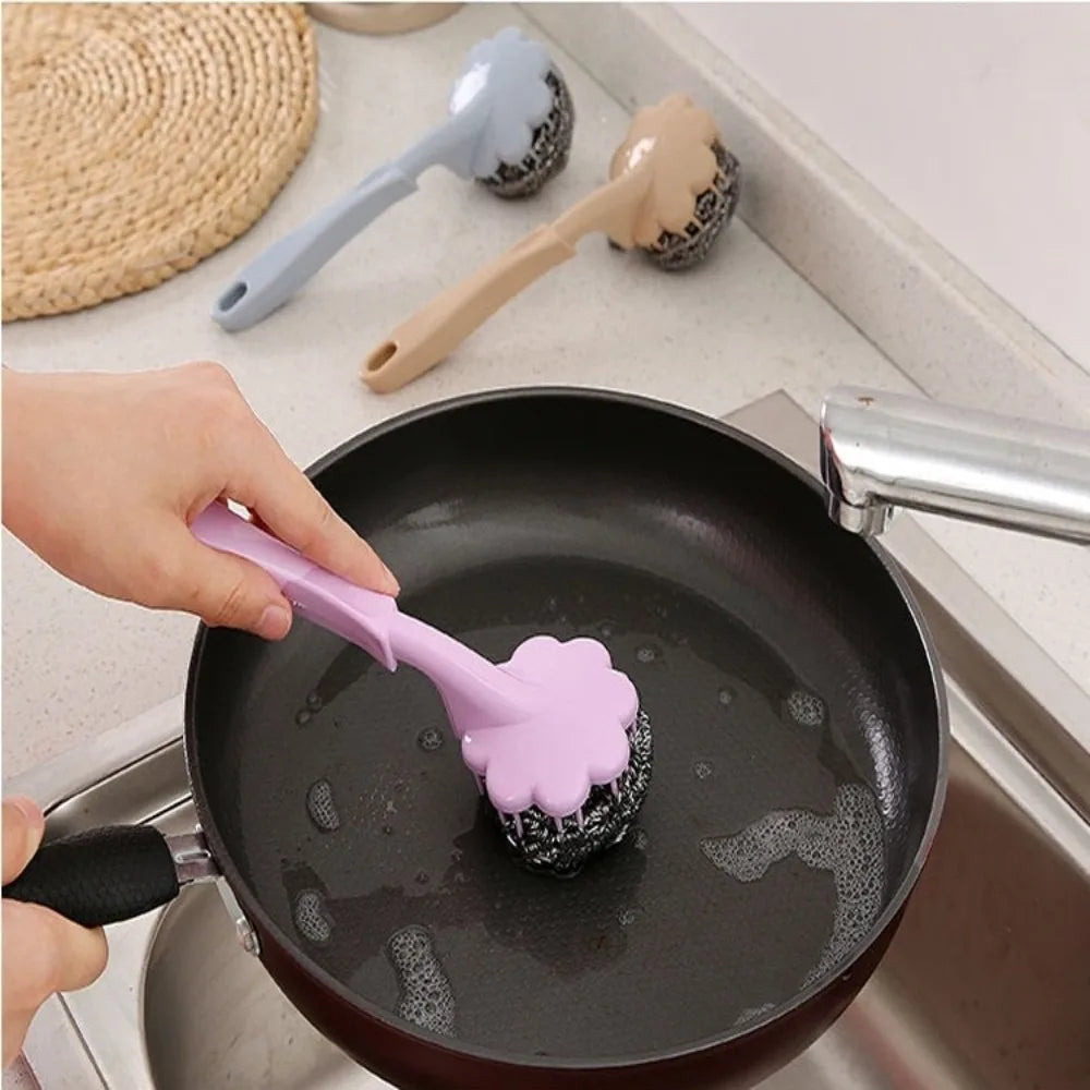 Long Handle Steel Wire Pot Scrubber Brush | Kitchen Cleaner