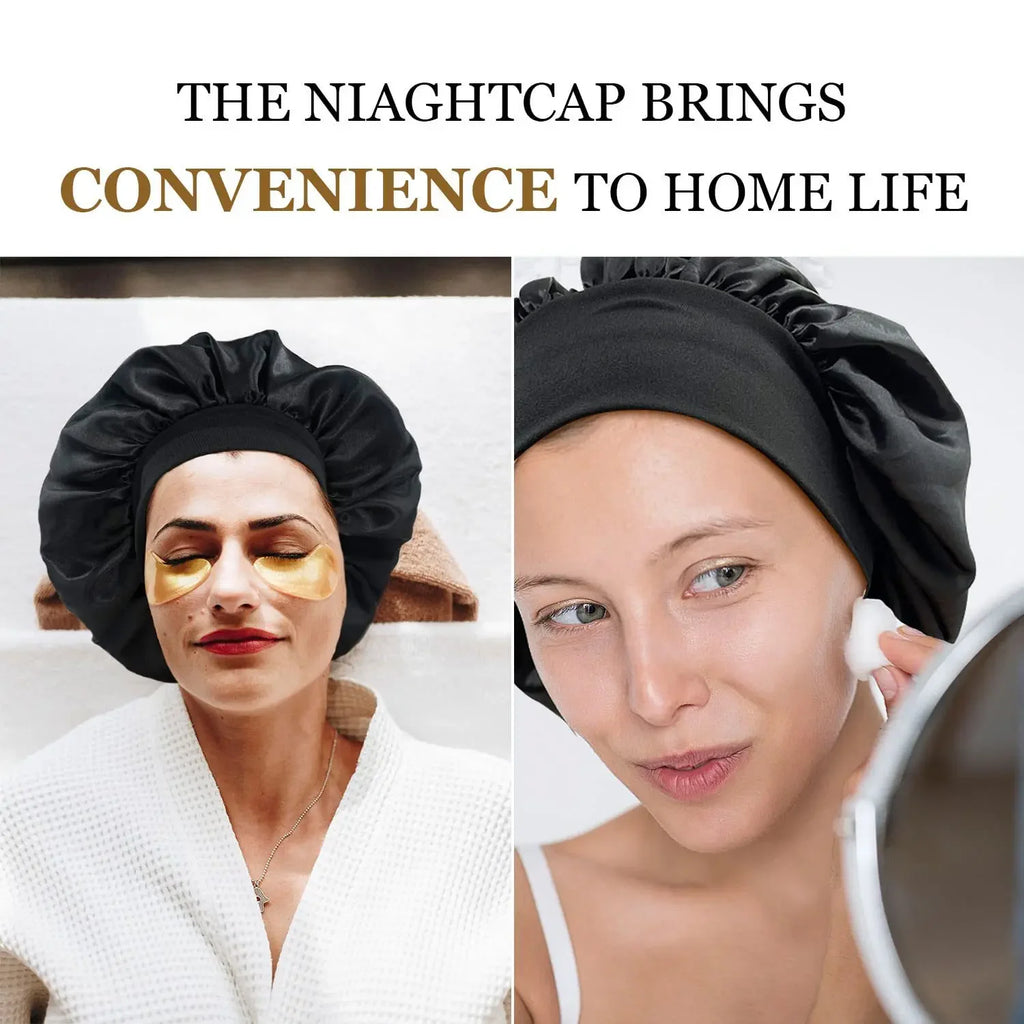 Women Satin Sleep Bonnet Wide-Brim Hair Cap & Elastic Band Satin Sleep Bonnet Nixie