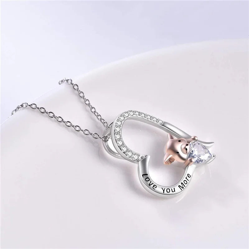 Silver Pig Heart Pendant Necklace – Cute Fashion Jewelry Gift Pendant Necklace Nixie