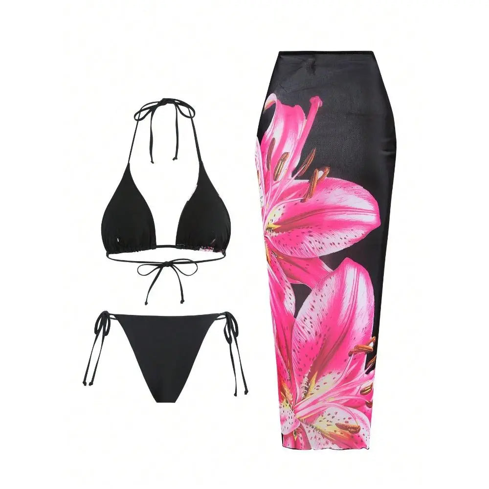 3-Piece Women's Halter Bikini Set with Long Cover-Up Dress Women's Bikini Set Nixie