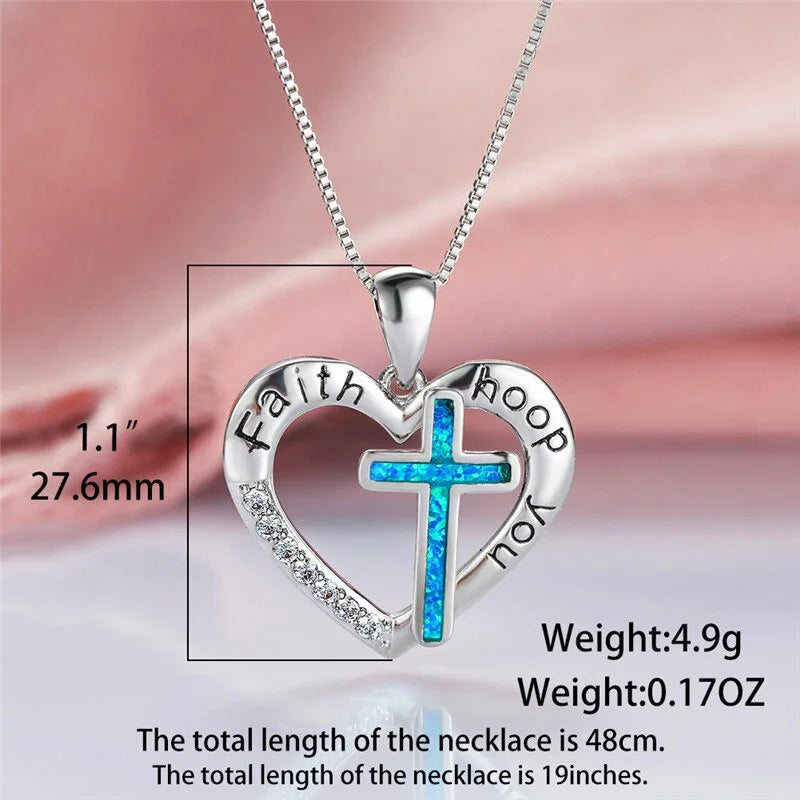 Vintage Cross Imitation Opal Pendant Necklace | Silver Chain Pendant Necklace Nixie