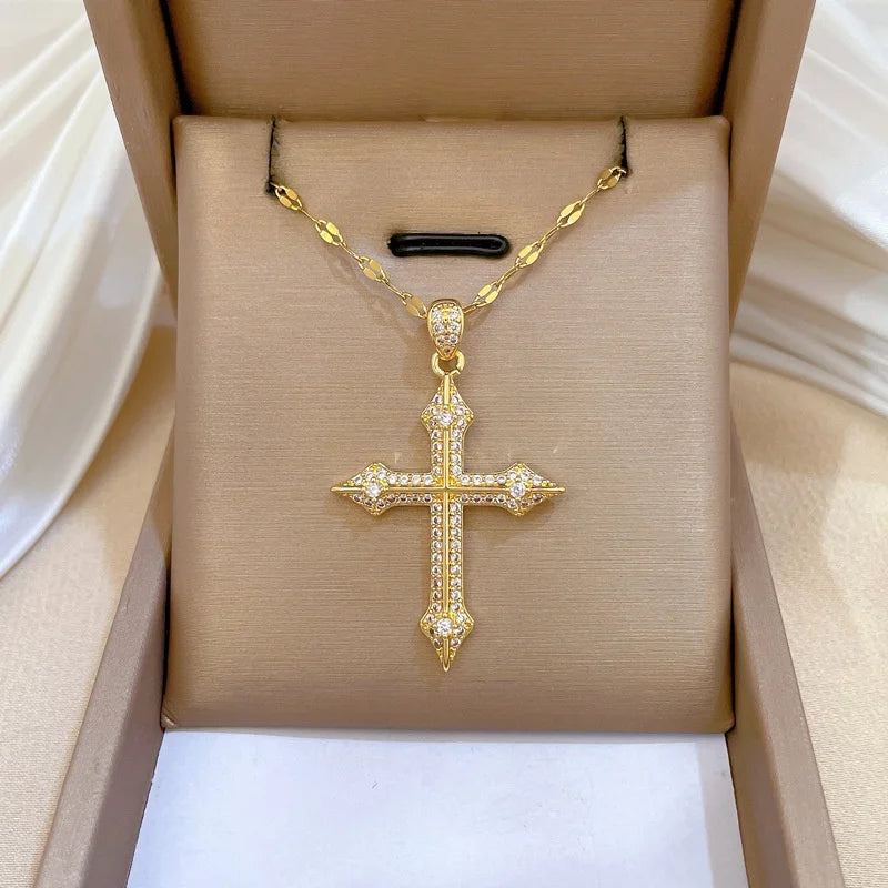 Women's Gold Cross Pendant Necklace – Stainless Steel Choker Pendant Necklace Nixie