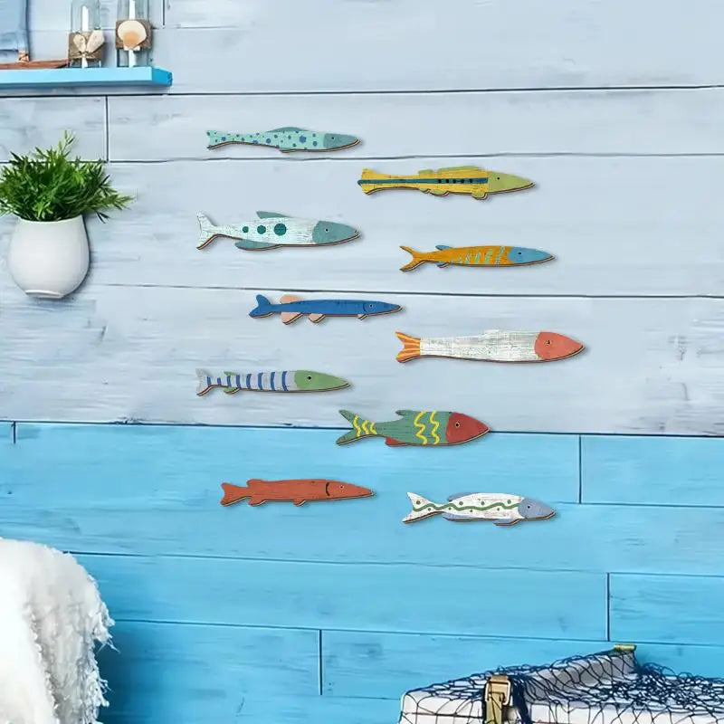 Wooden Ocean Fish Wall Decor Set – 10 Pcs Coastal Style