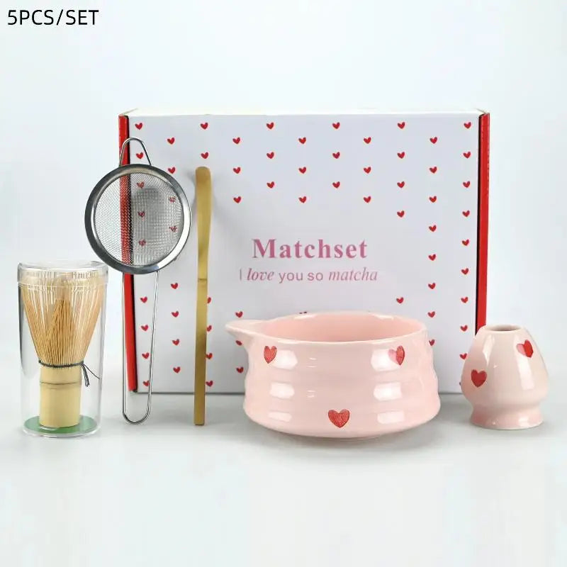 Heart Decal Ceramic Matcha Set – Bowl, Whisk & Bamboo Tools Matcha Tea Set Nixie 5pcs