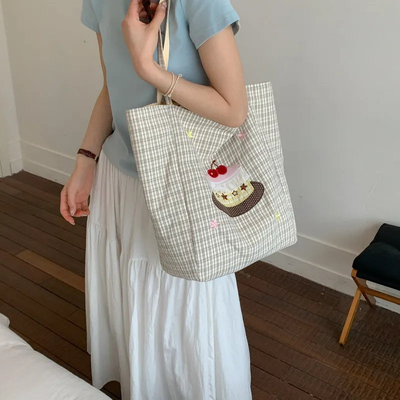 Embroidered Plaid Canvas Tote Bag – Large Women's Shoulder Bag Canvas Shoulder Tote Nixie