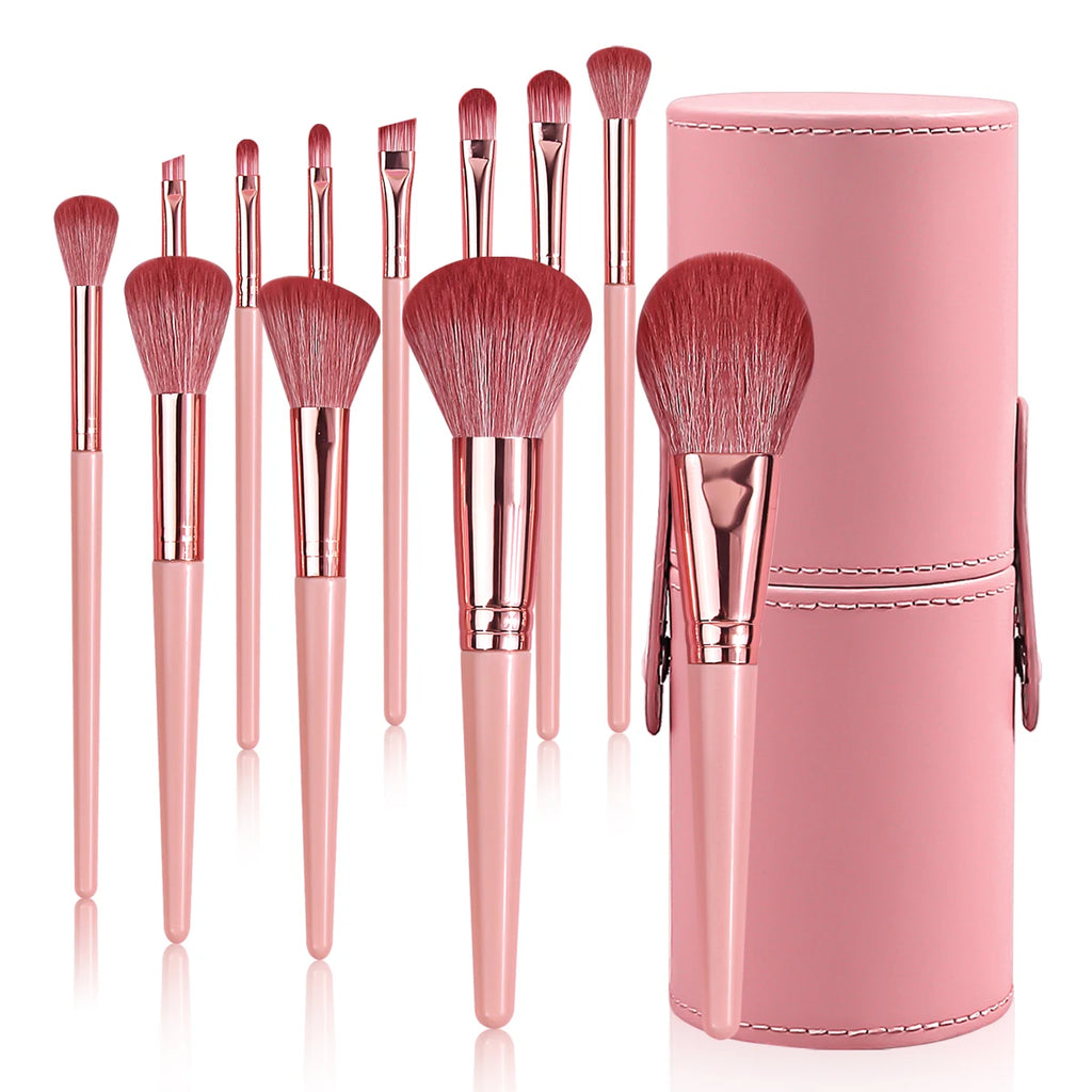 12Pcs Pink Makeup Brush Set with Storage Tube | Soft Bristles Makeup Brush Set Nixie Pink
