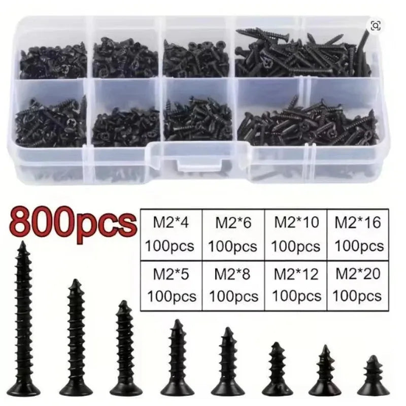 400/800pcs Black Phillips Self-Tapping Screws M1–M6 Carbon Steel Kit Screw Assortment Kit Nixie 800pcs