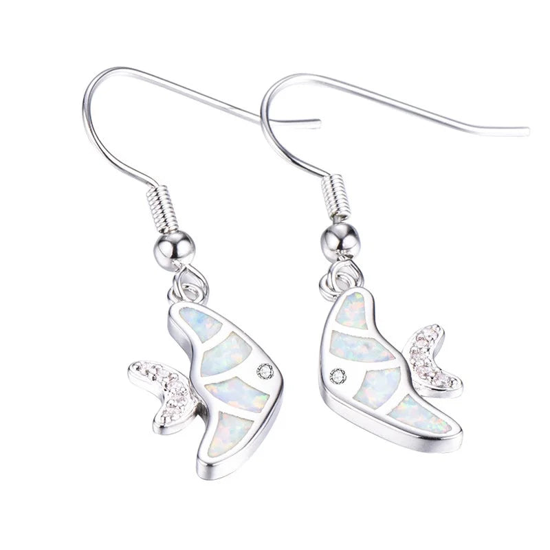White Simulated Opal Silver Fish Dangle Hook Earrings Dangle Drop Earrings Nixie