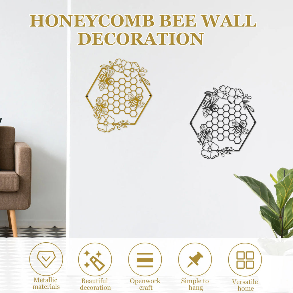 2-Piece Metal Bee Wall Art Set – Gold & Black Hanging Decor Metal Wall Art Nixie