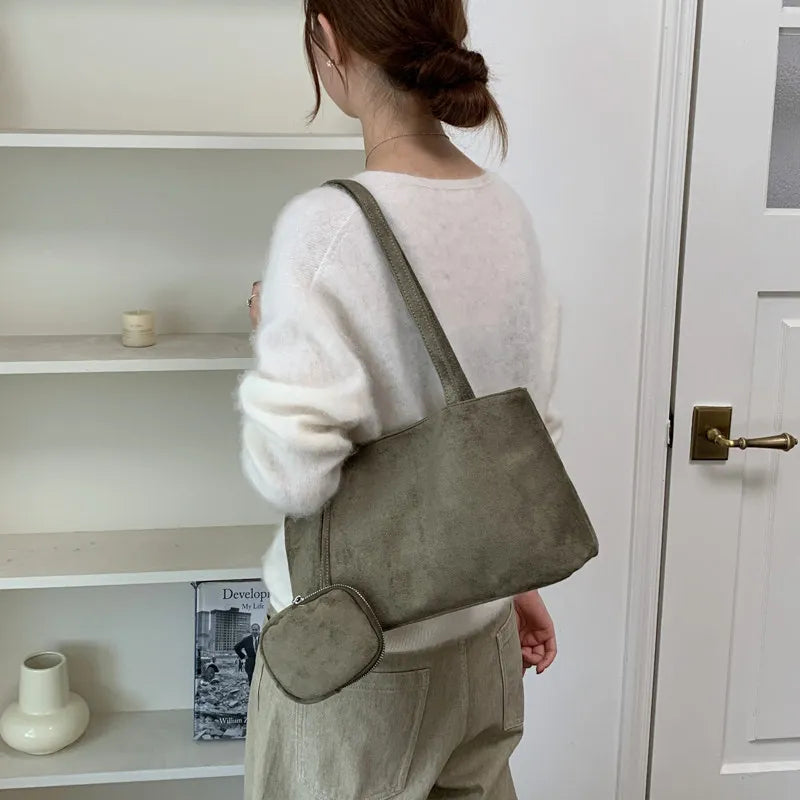 Nixie Faux Suede Tote Bag – Retro Commuter Shoulder Handbag Suede Shoulder Bag Nixie