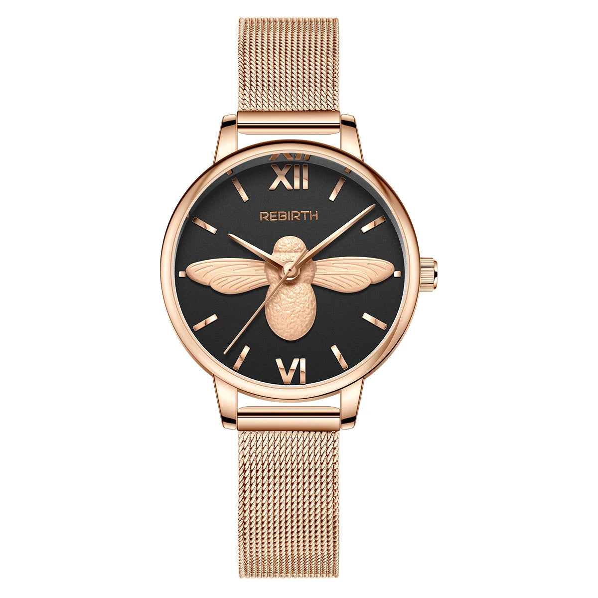 Rose Gold Mesh Women's Watch – Embossed Bee Quartz Dial Women's Wristwatch Nixie black