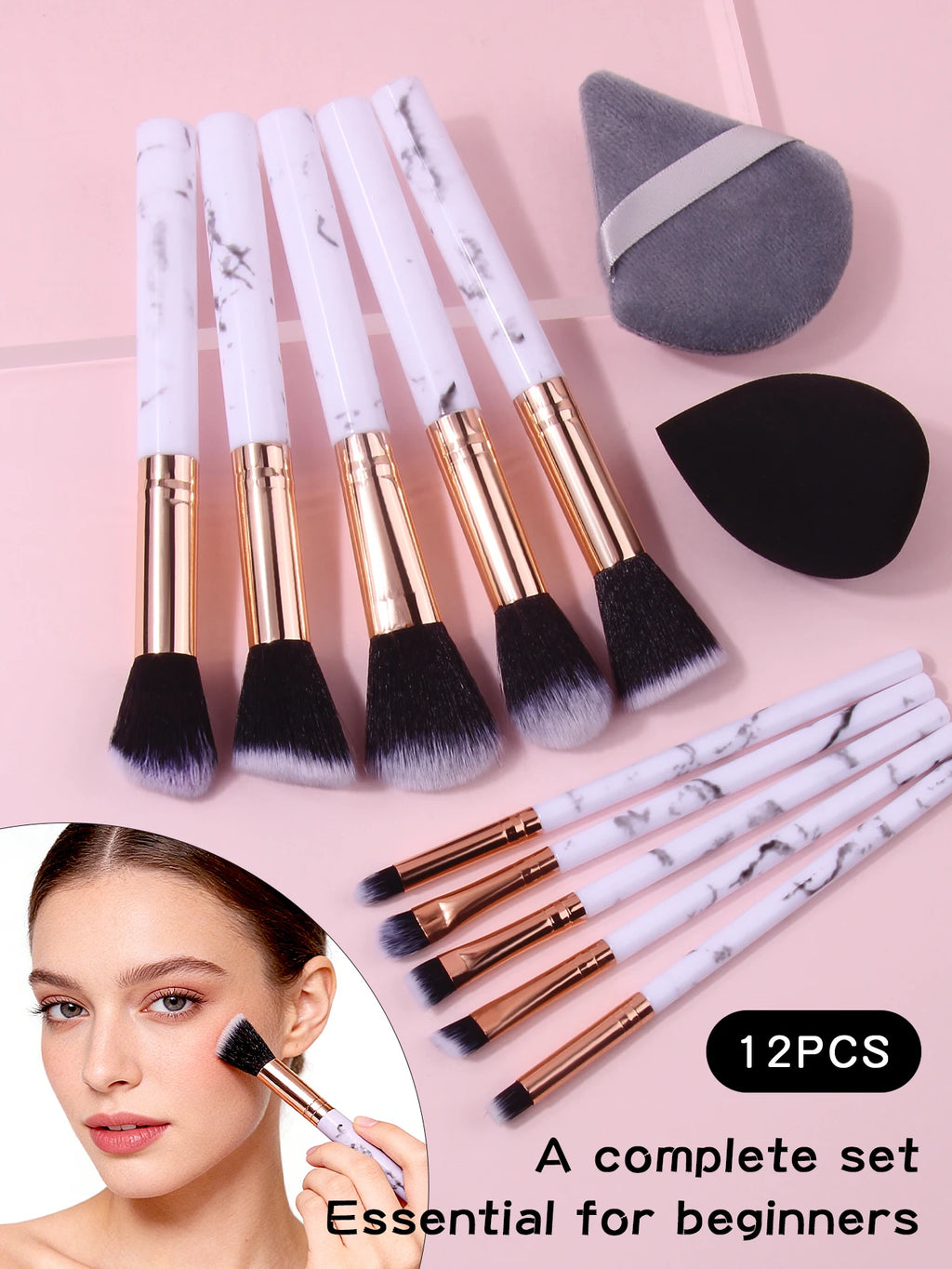 Marble Makeup Brush Set 12pc – Blush, Eyeshadow, Puff & Sponge Makeup Brush Set Nixie