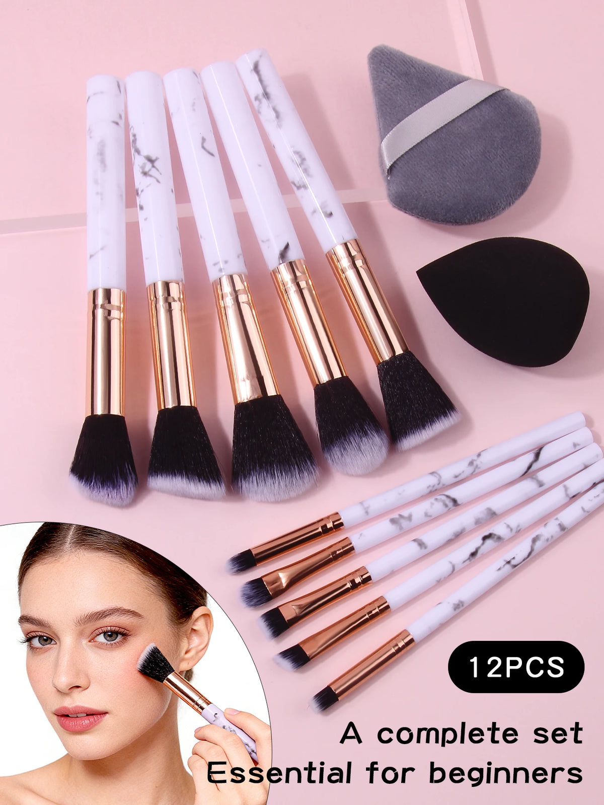 Marble Makeup Brush Set 12pc – Blush, Eyeshadow, Puff & Sponge Makeup Brush Set Nixie