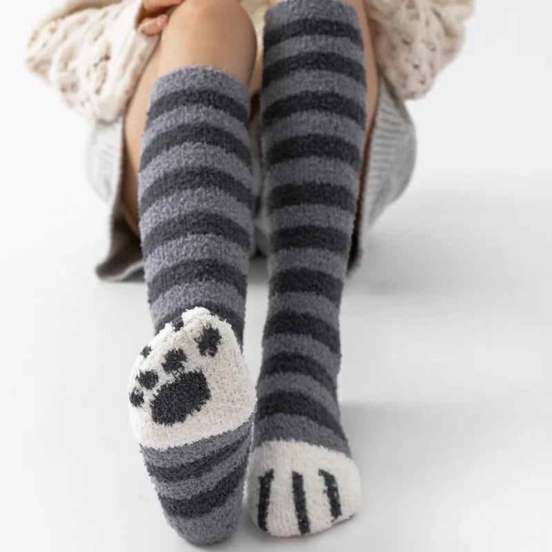 Women's Cat Paw Knee-High Winter Socks – Thick Cotton 2 Pairs