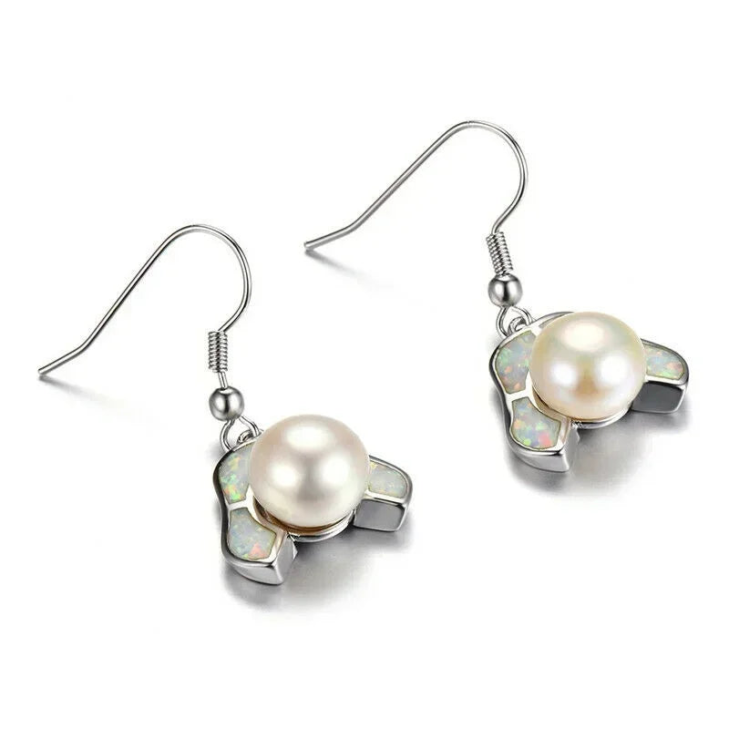 White Pearl Simulated Opal Silver Dangle Drop Earrings Dangle Drop Earrings Nixie