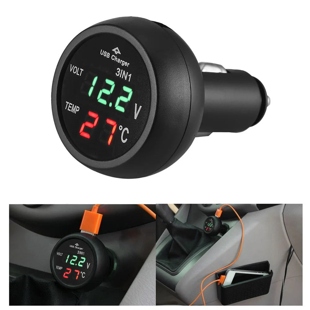 3-in-1 Car Voltmeter Thermometer USB Charger 12/24V LED Car Voltmeter Gauge Nixie
