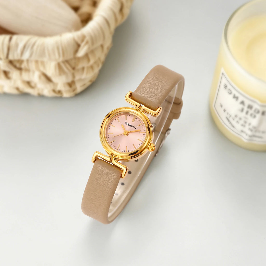 REBIRTH Gold Quartz Watch – Leather Band, Water-Resistant Quartz Wrist Watch Nixie