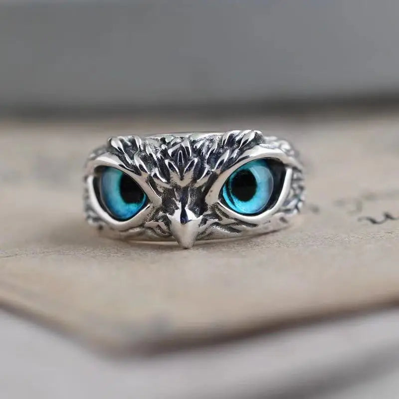 Vintage Adjustable Owl Ring – Unisex Hip Hop Fashion Jewelry Fashion Ring Nixie The opening can be adjusted Blue eyes