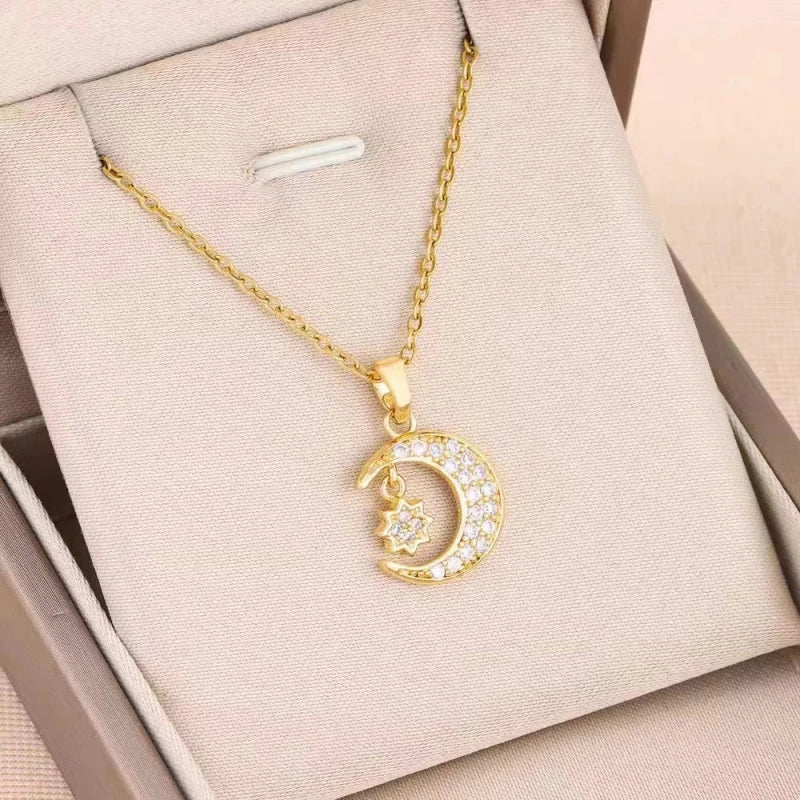 Star & Moon Zirconia Copper Pendant Necklace | Women's Gift