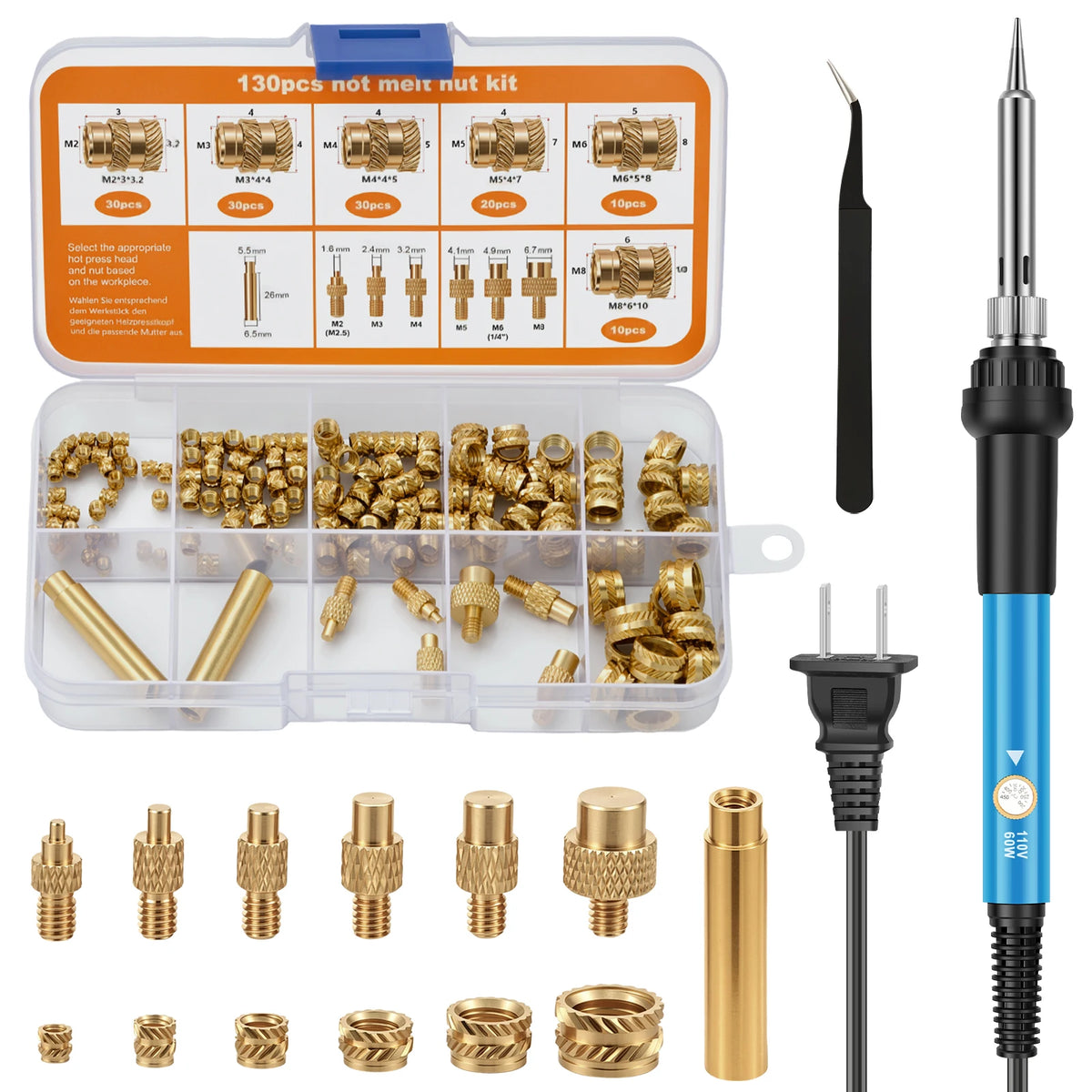 Brass Heat Set Insert Kit – 60W Iron, 6 Tips & 130 Inserts
