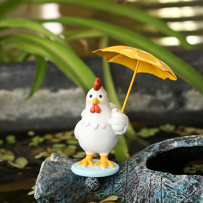 Rooster Figurine with Umbrella – Resin Garden Statue Decor Garden Figurine Nixie