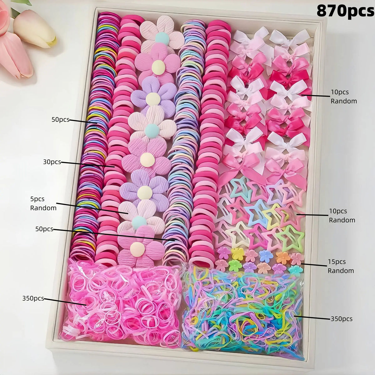 850PCS Girls Grosgrain Ribbon Hair Ties & Elastic Hair Bands