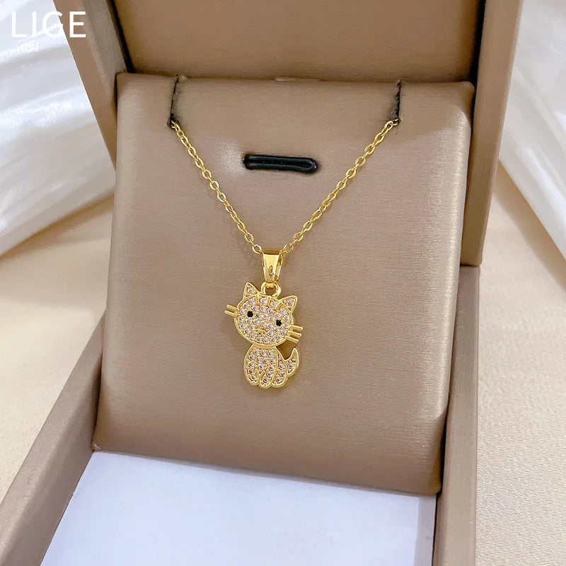 Cat Pendant Necklace Women – Gold Stainless Steel & Zircon Pendant Necklace Nixie