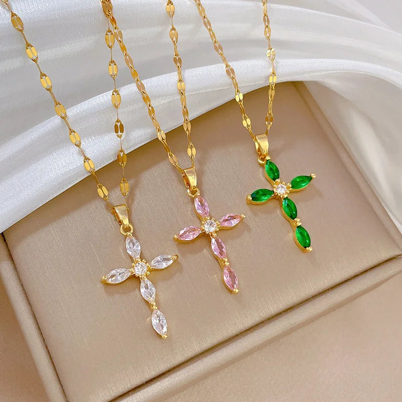 Gold Cross Pendant Necklace – Zircon & Stainless Steel for Women Pendant Necklace Nixie