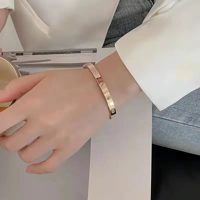 Rose Gold Stainless Steel Bangle Bracelet | Oval Crystal Accents Bangle Bracelet Nixie