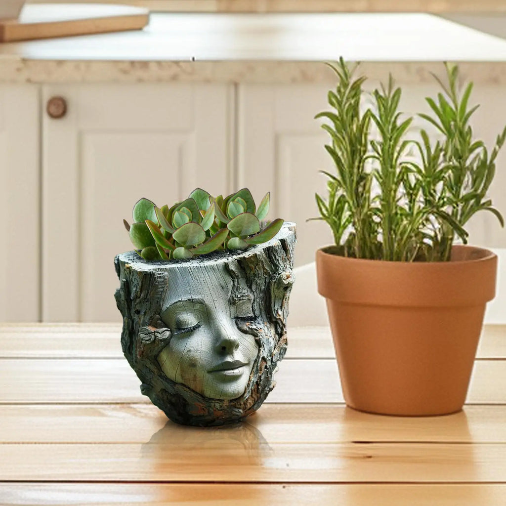 Girl Face Resin Stump Flowerpot – Garden Statue Planter Décor Decorative Garden Planter Nixie