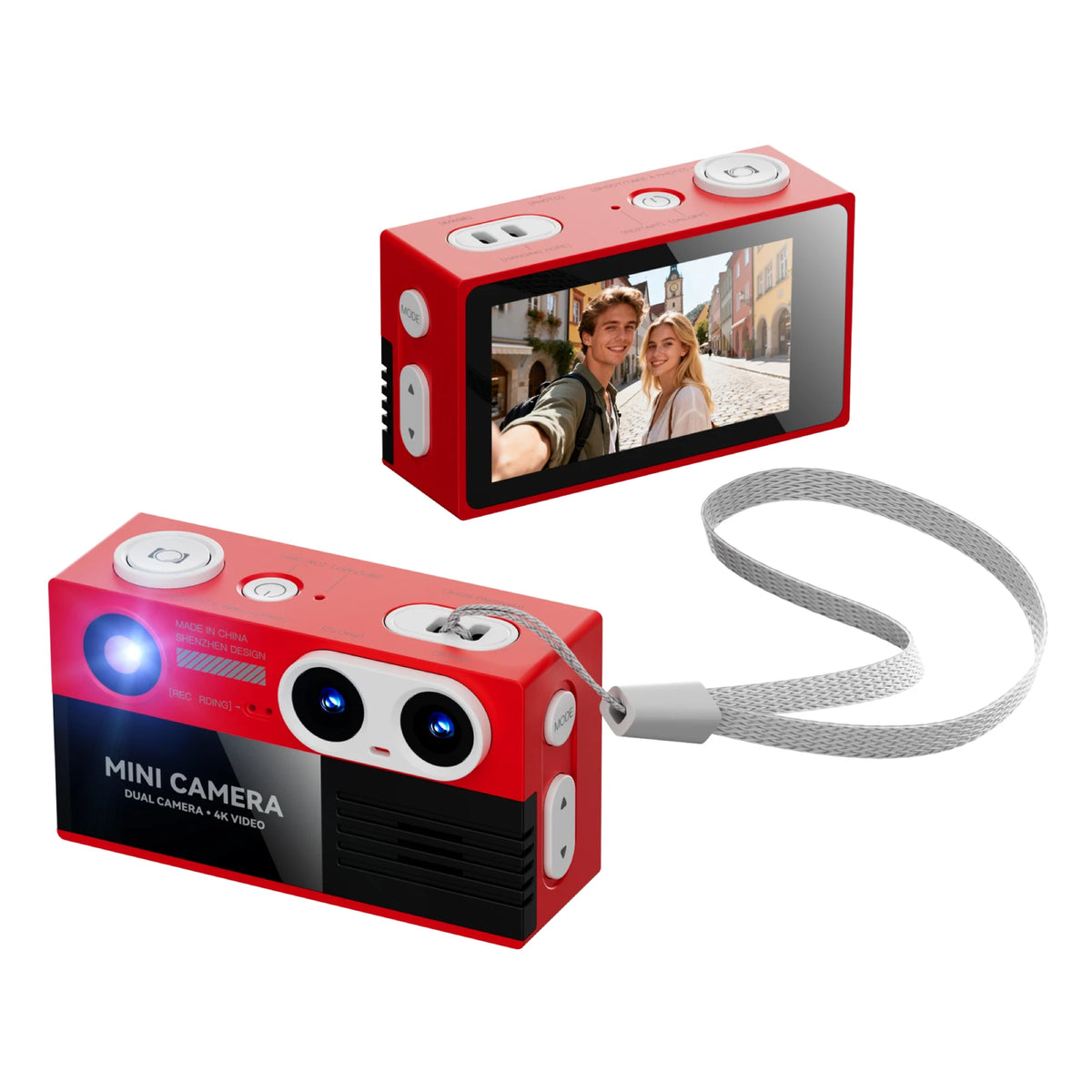 G9 4K Mini Keychain Camera Dual Lens, 21 Filters & Flash Mini Digital Camera Nixie white red