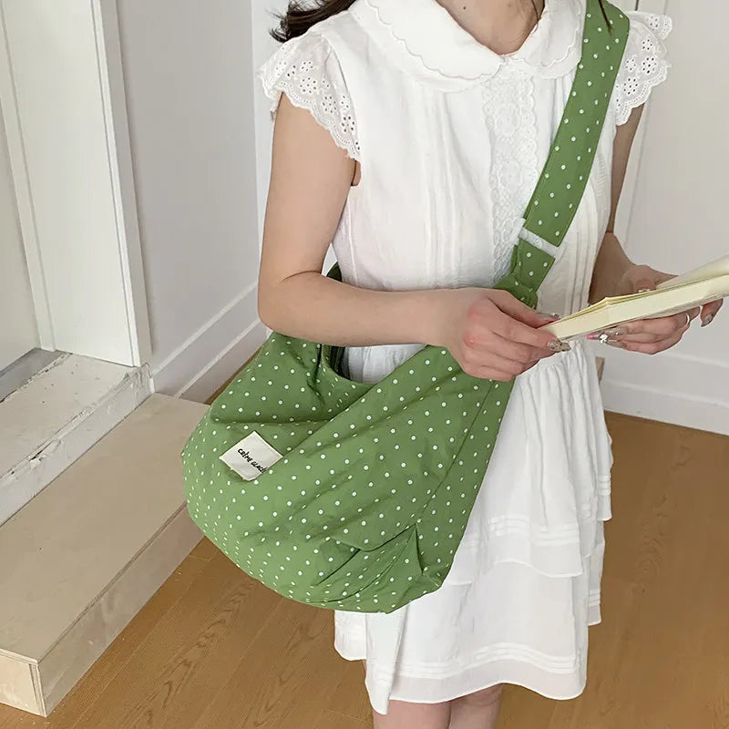 Korean Minimalist Polka Dot Nylon Tote Bag | Large Capacity Nylon Shoulder Tote Nixie Green