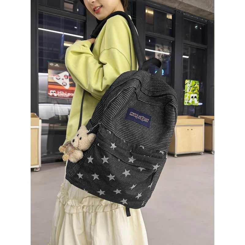 Korean Denim Backpack Color-Block Stripes & Stars – Women Denim Backpack Nixie