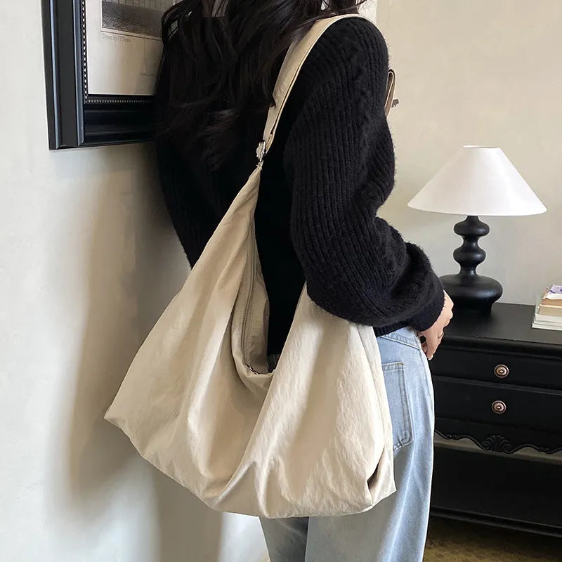 Korean Style Large Capacity Nylon Tote Bag – Shoulder & Crossbody Nylon Tote Bag Nixie Khaki
