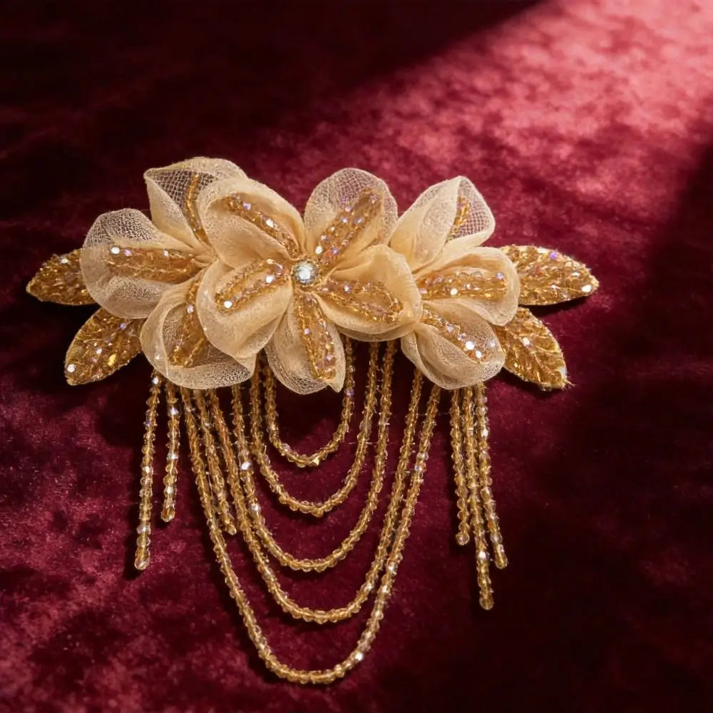 Handmade Fabric Flower Brooch with Tassels, Beads & Rhinestones Fabric Flower Brooch Nixie