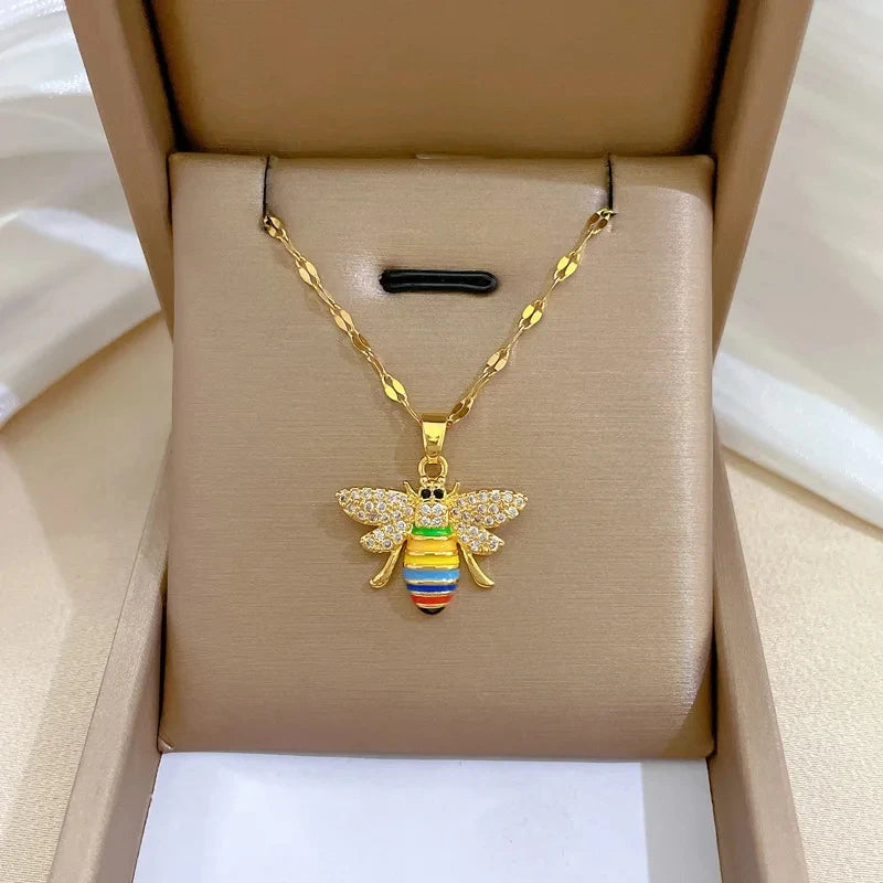 Gold Bee Pendant Choker Necklace – Stainless Steel & Zircon Pendant Choker Necklace Nixie