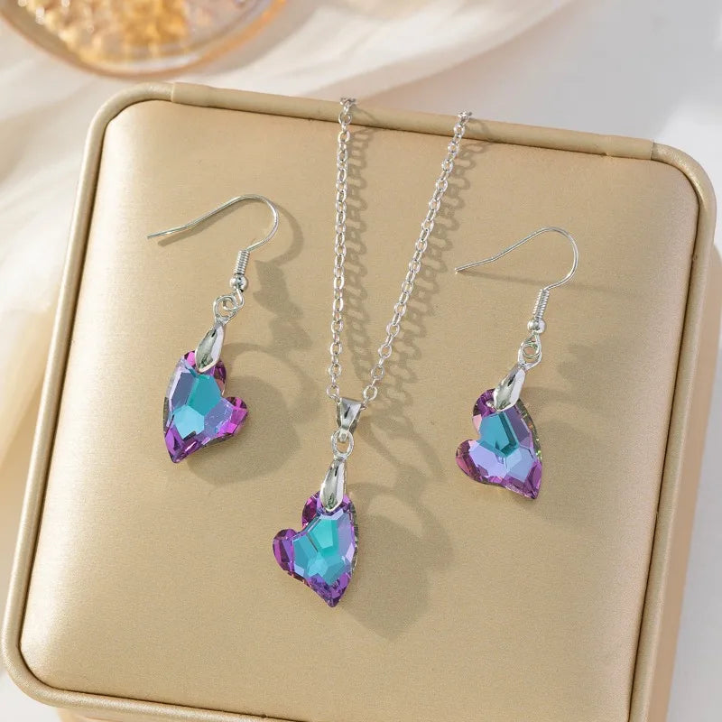 Crystal Heart Pendant Necklace & Earrings Set – 3 Pcs Gift Crystal Jewelry Set Nixie