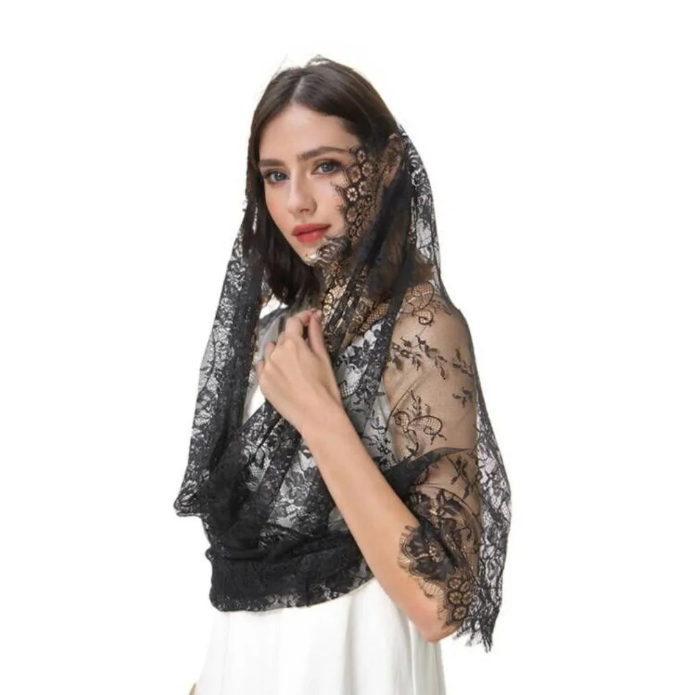 Elegant Floral Lace Shawl & Head Covering | Vintage Women's Scarf Lace Shawl Scarf Nixie Black