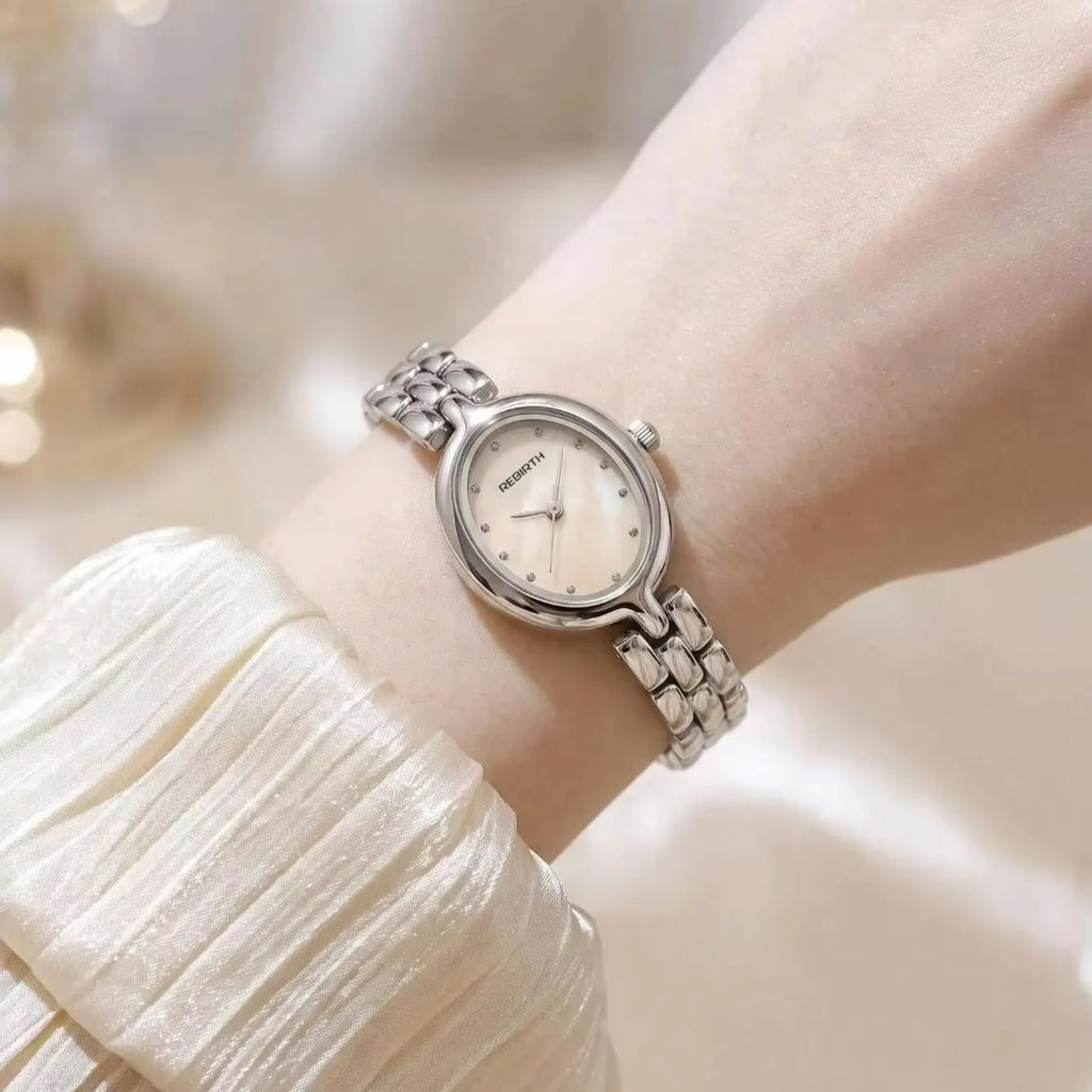 REBIRTH Women's Oval Mother-of-Pearl Quartz Watch | Steel Strap Women's Quartz Watch Nixie